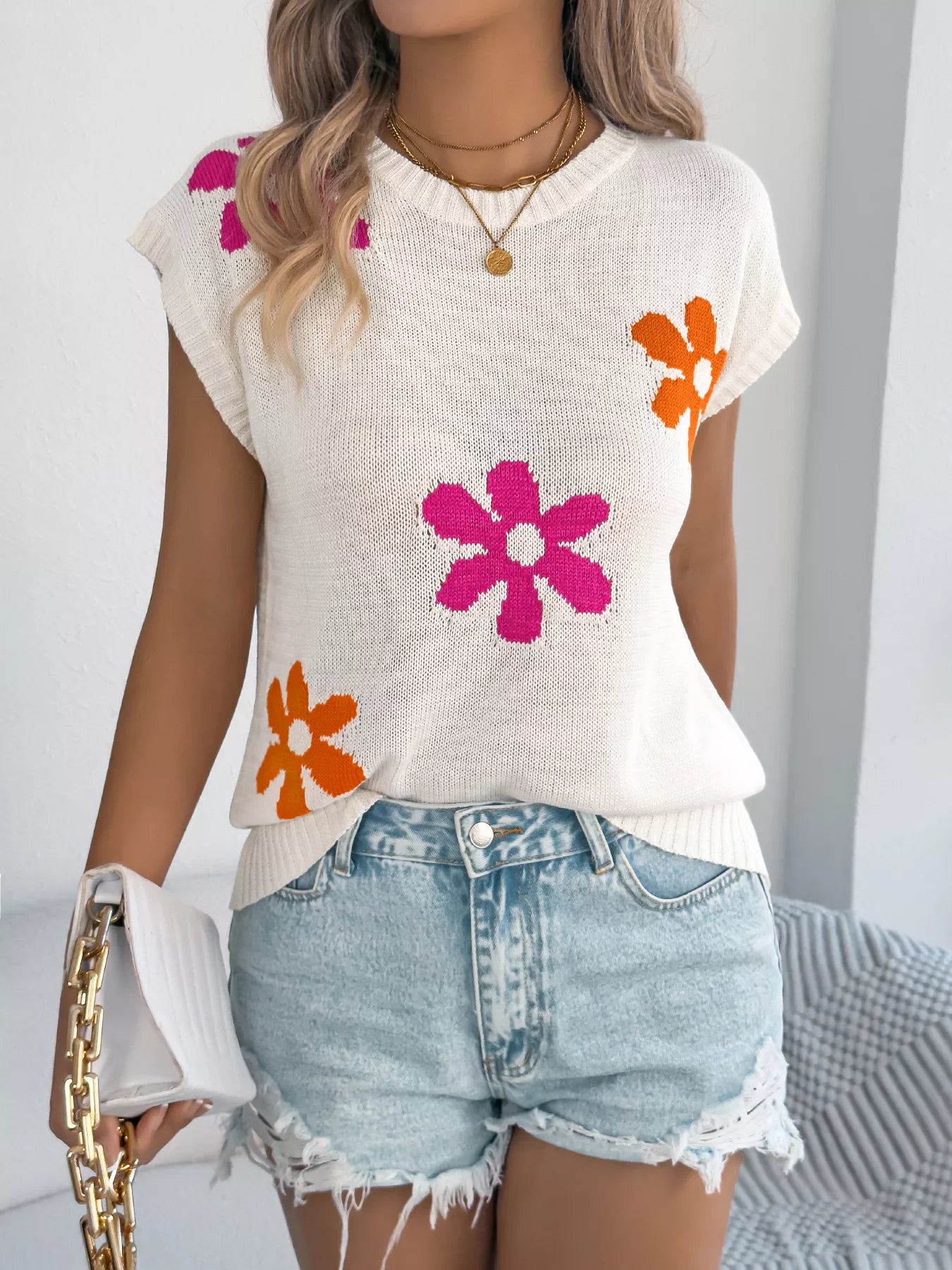Flower Round Neck Sweater in Apricot for Women