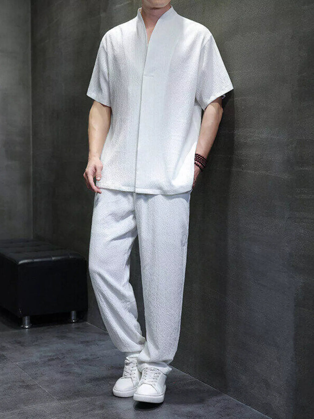 Plus Size Casual Short Sleeve Top and Pants Set in Black for Men