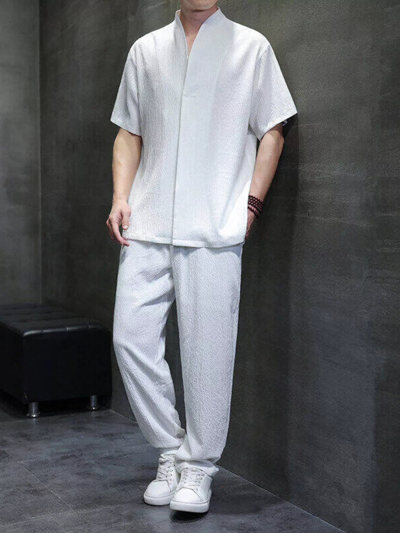 Plus Size Casual Short Sleeve Top and Pants Set in Black for Men