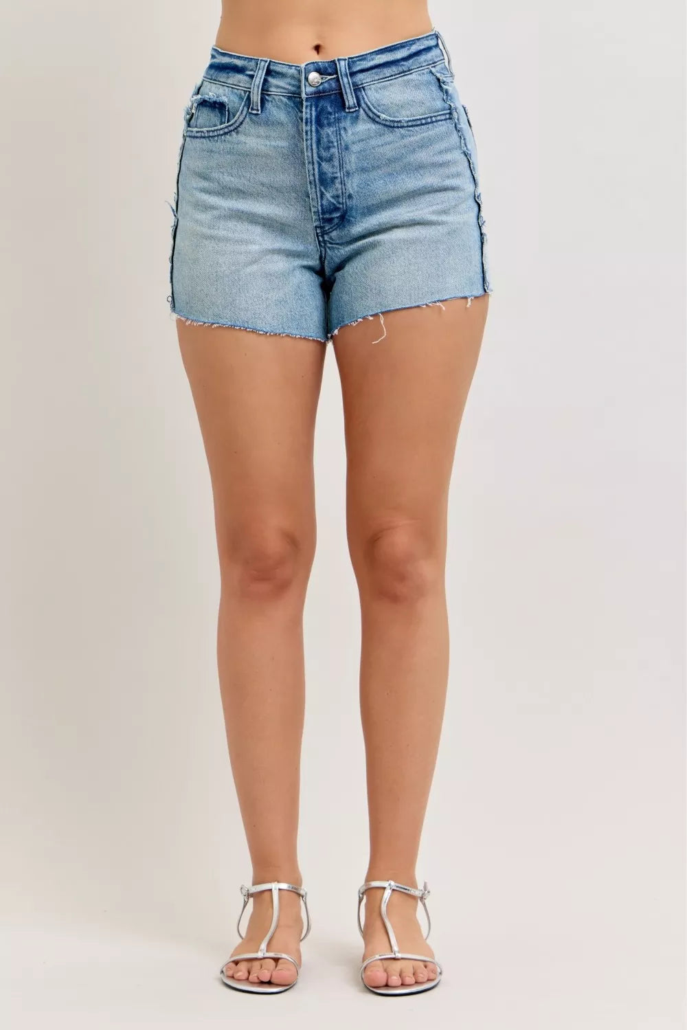 High Waist Rigid Magic Cut Off Denim Shorts with Raw Side Seams in Md for Women