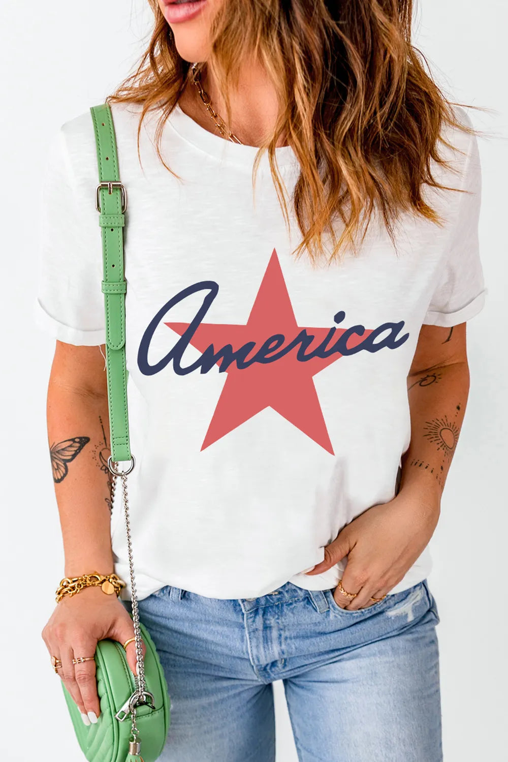 Star Round Neck Short Sleeve T-Shirt in White for Women
