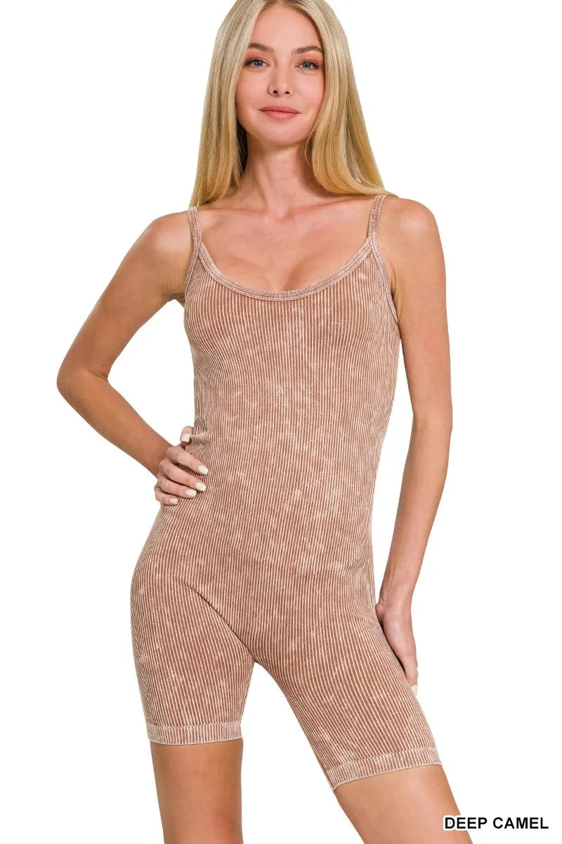 Stone Washed Ribbed Seamless Romper in Deep Camel for Women