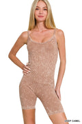 Stone Washed Ribbed Seamless Romper in Deep Camel for Women