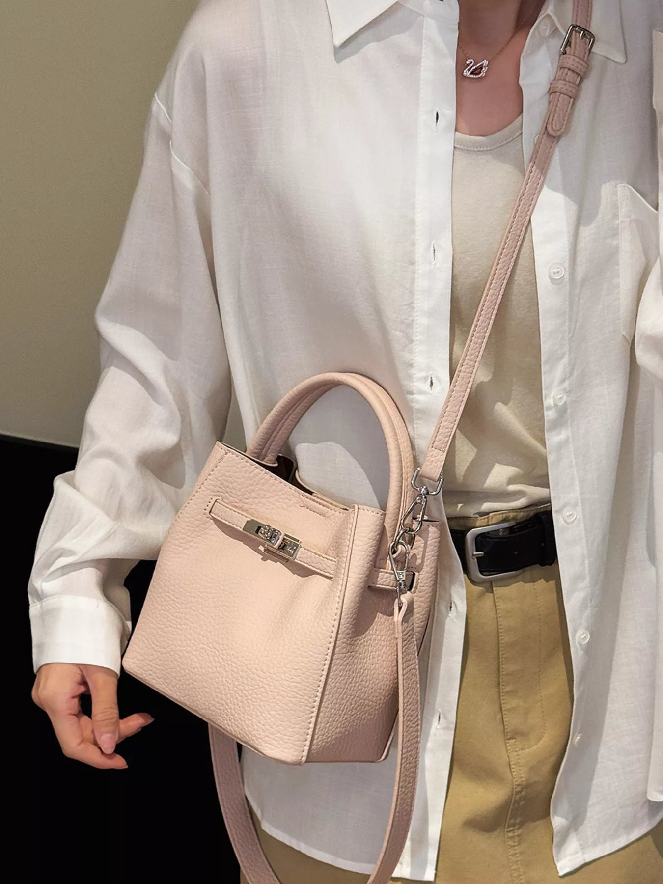 Leather Bucket Crossbody Bag in Blush Pink for Women
