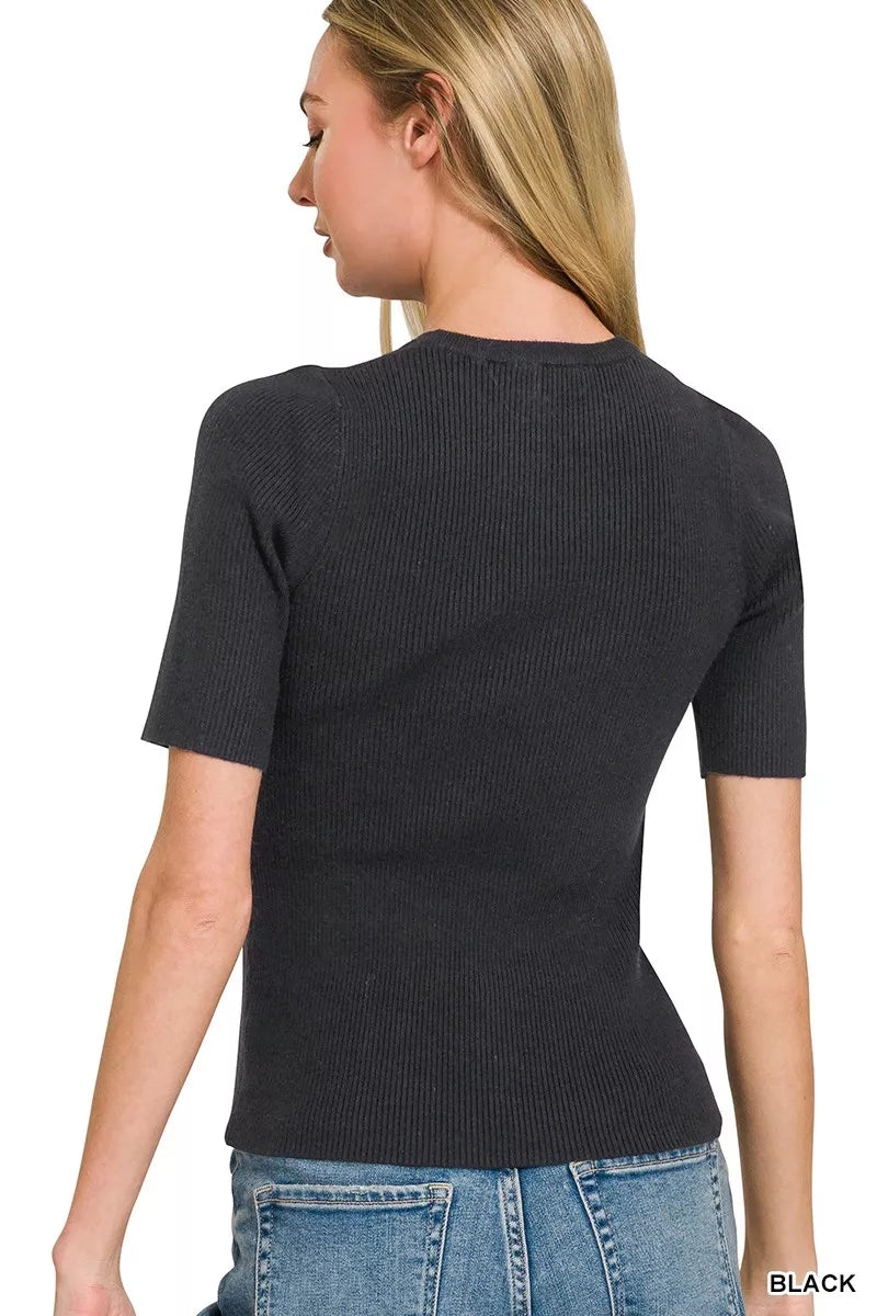 Viscose Ribbed Round Neck Sweater in Black for Women
