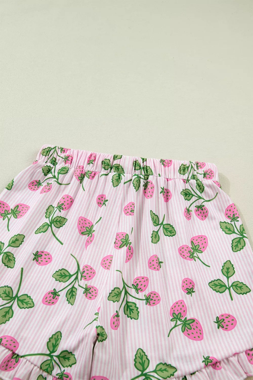 Striped Strawberry Print Lapel Shirt Drawstring Shorts Two-Piece Pajama Set for Women