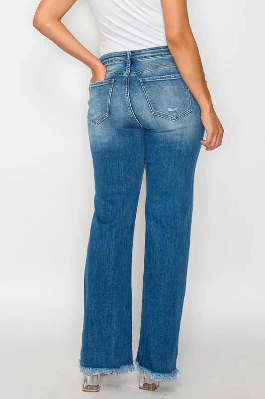 Plus Size Raw Hem Distressed Mid Rise Straight Jeans in Medium for Women