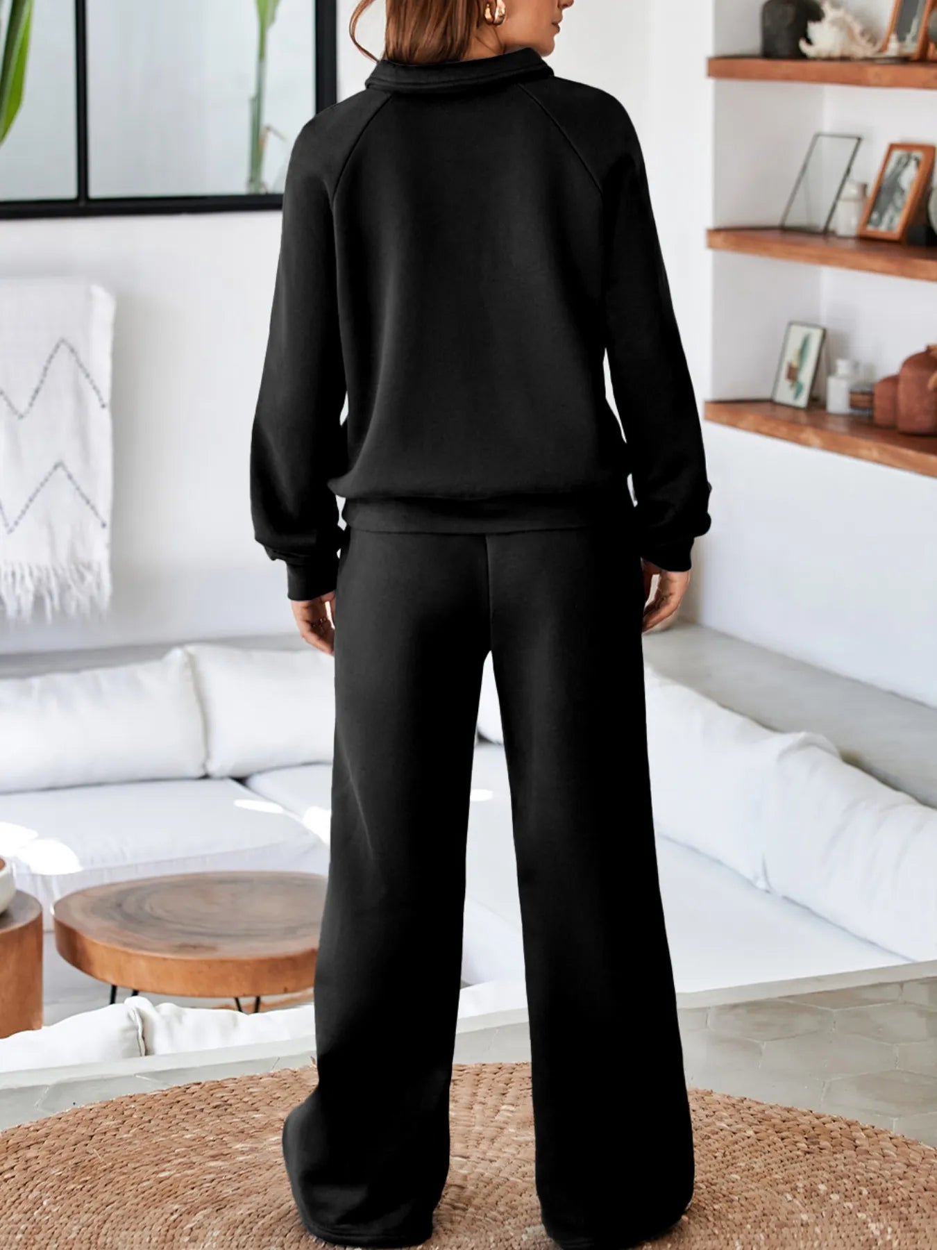 Collared Sweatshirt and High Waist Pants Active Set for Women