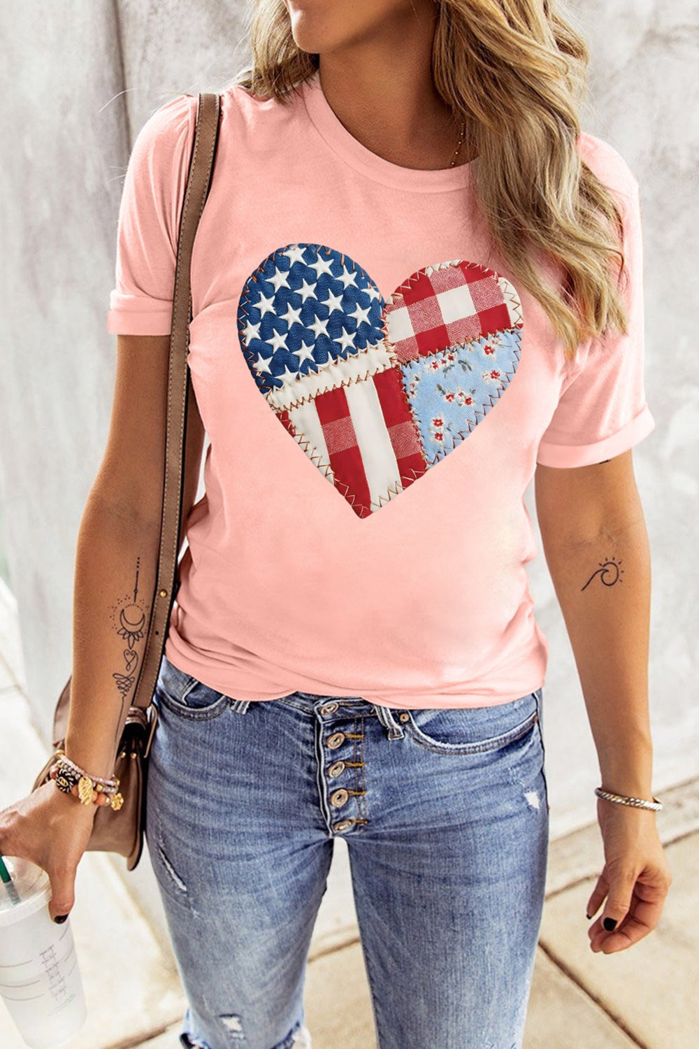 Patriotic Heart Round Neck Tee in Pale Blush for Women