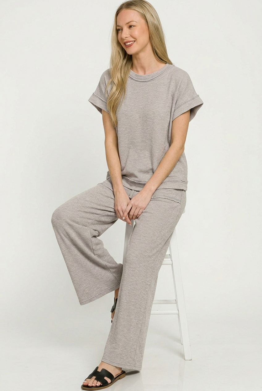 Washed Slub Short Sleeve Tee & Long Pants Set in Sleet for Women