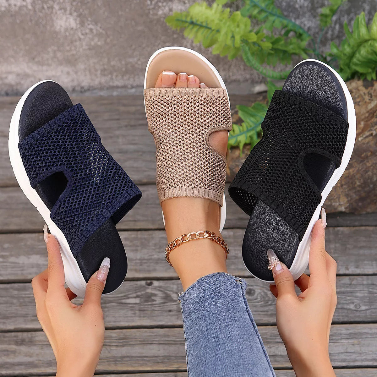 Breathable Mesh Open Toe Sandals in Khaki Color for Women