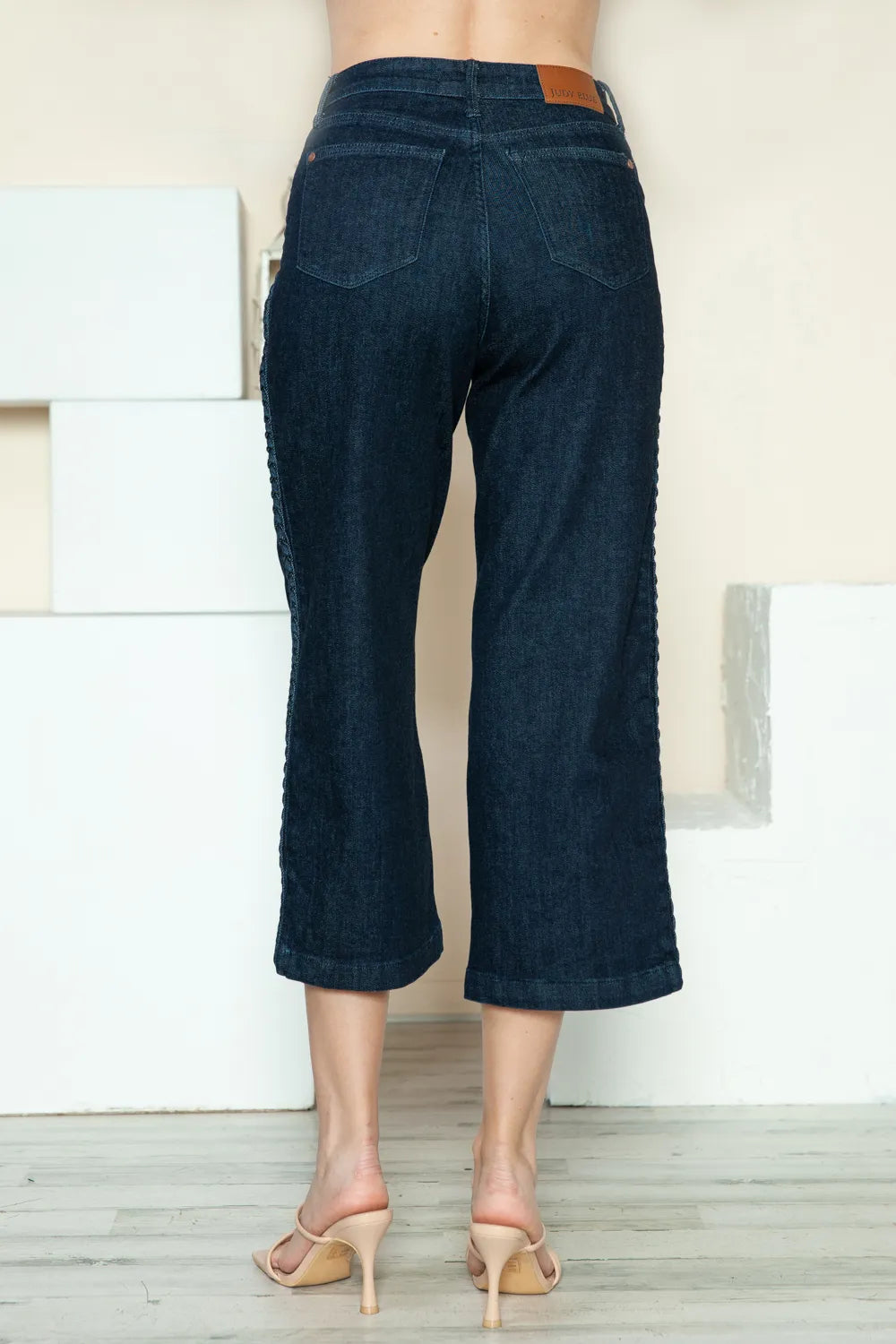 Plus Size Side Seam Braid Detail Crop Wide Leg Jeans in Dark for Women