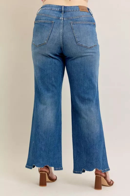 High Waist Tummy Control Chew Hem Destroy Wide Jeans Plus Size for Women
