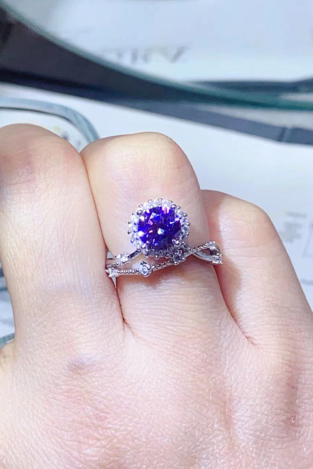 1 Carat Moissanite 925 Sterling Silver Ring in Purple in Sky Blue for Women