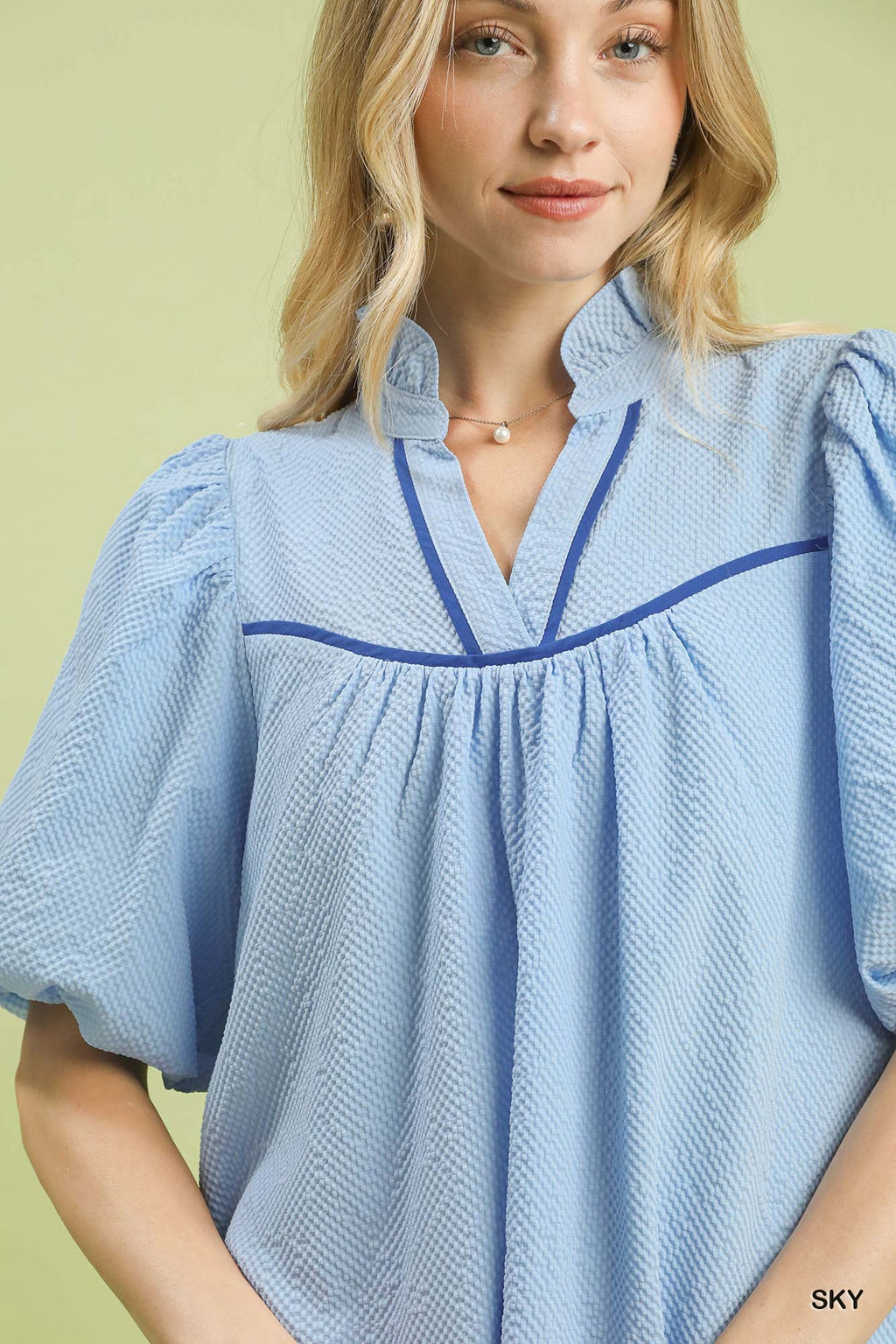 Seersucker Puff Sleeve Dress in Sky for Women