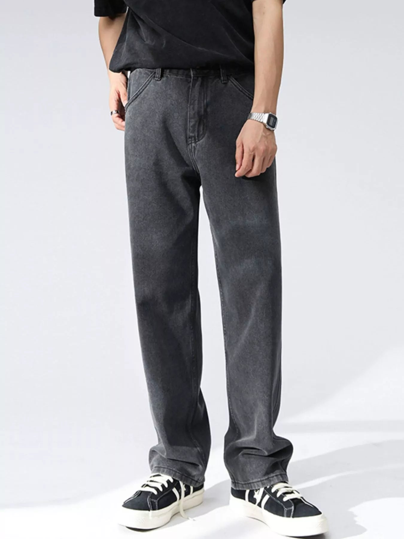 Wash Relaxed Fit Wide Leg Jeans in Black and Gray for Men