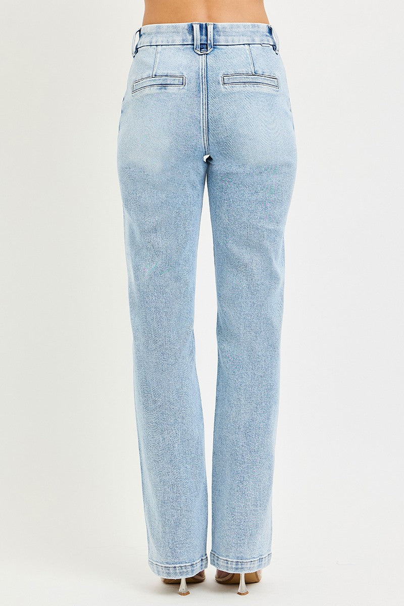 Tummy Control High Rise Straight Pin Tuck Jeans in Light for Women