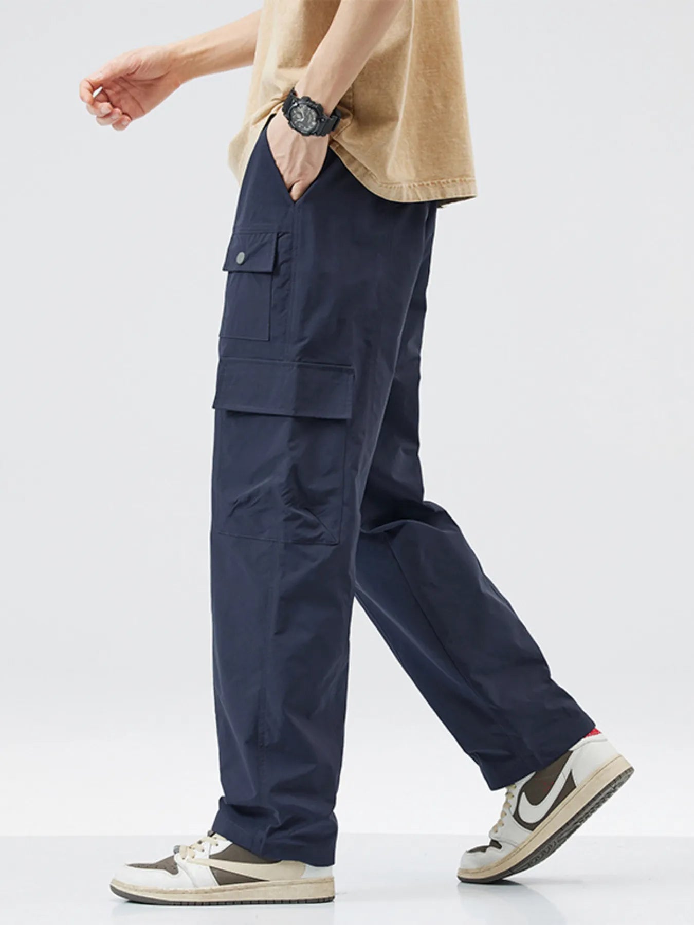 Relaxed Fit Cargo Pants with Drawstring Plus Size in Black for Men