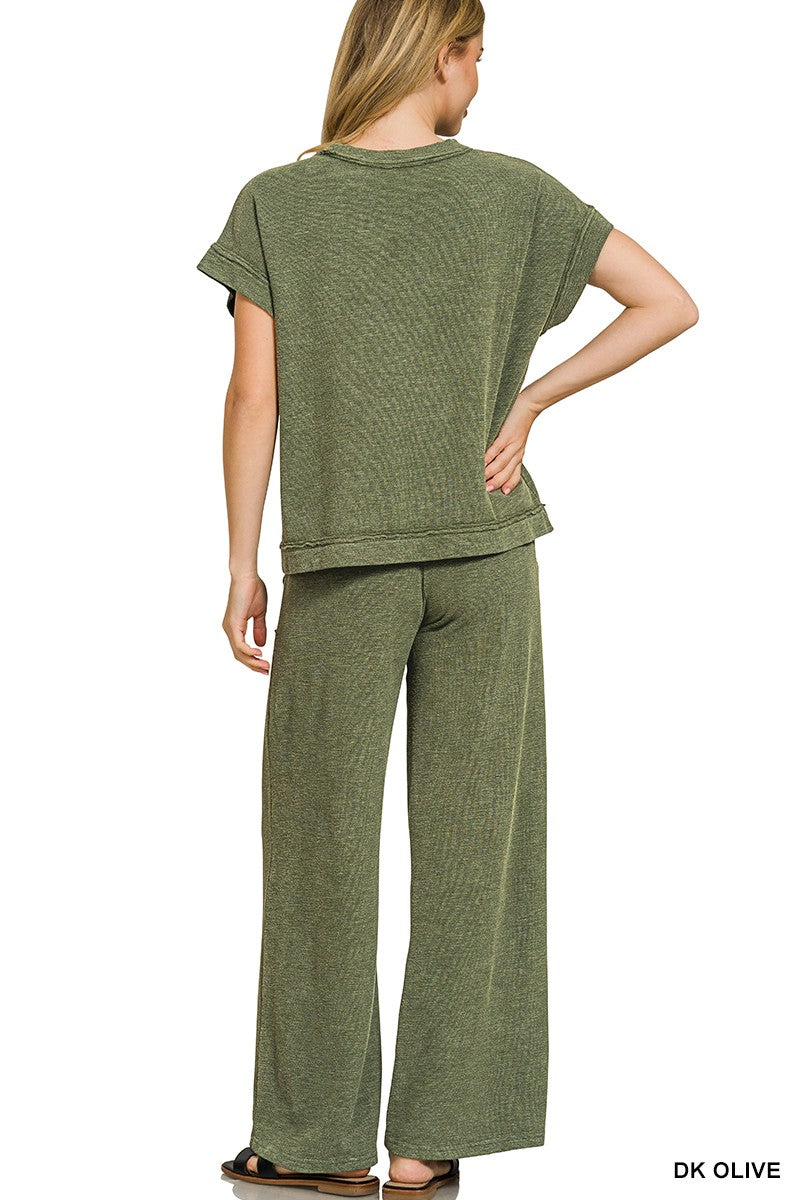Washed Slub Short Sleeve Tee & Long Pants Set in Dark Olive for Women