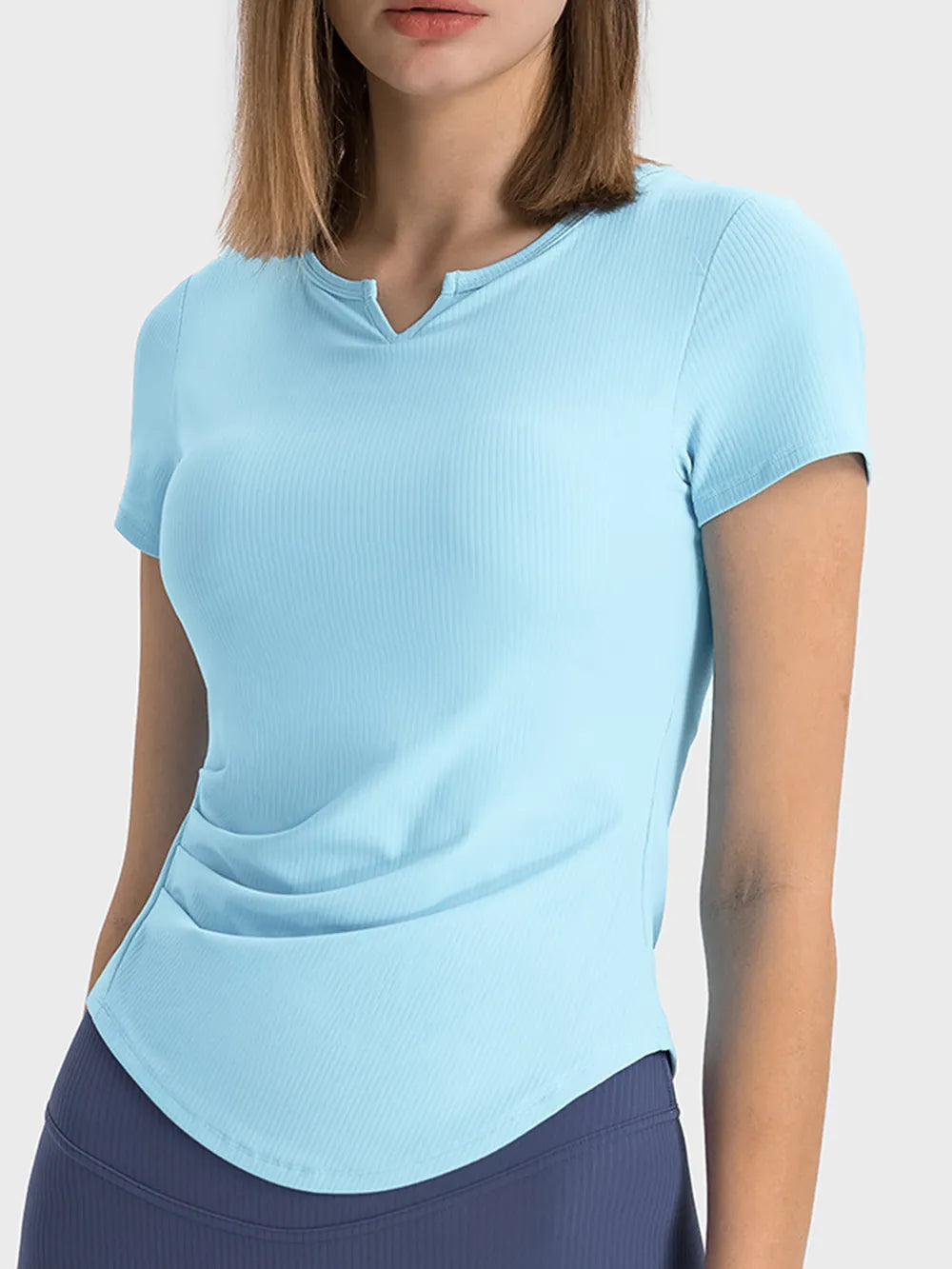 Notched Short Sleeve Active T-Shirt in Pastel Blue for Women