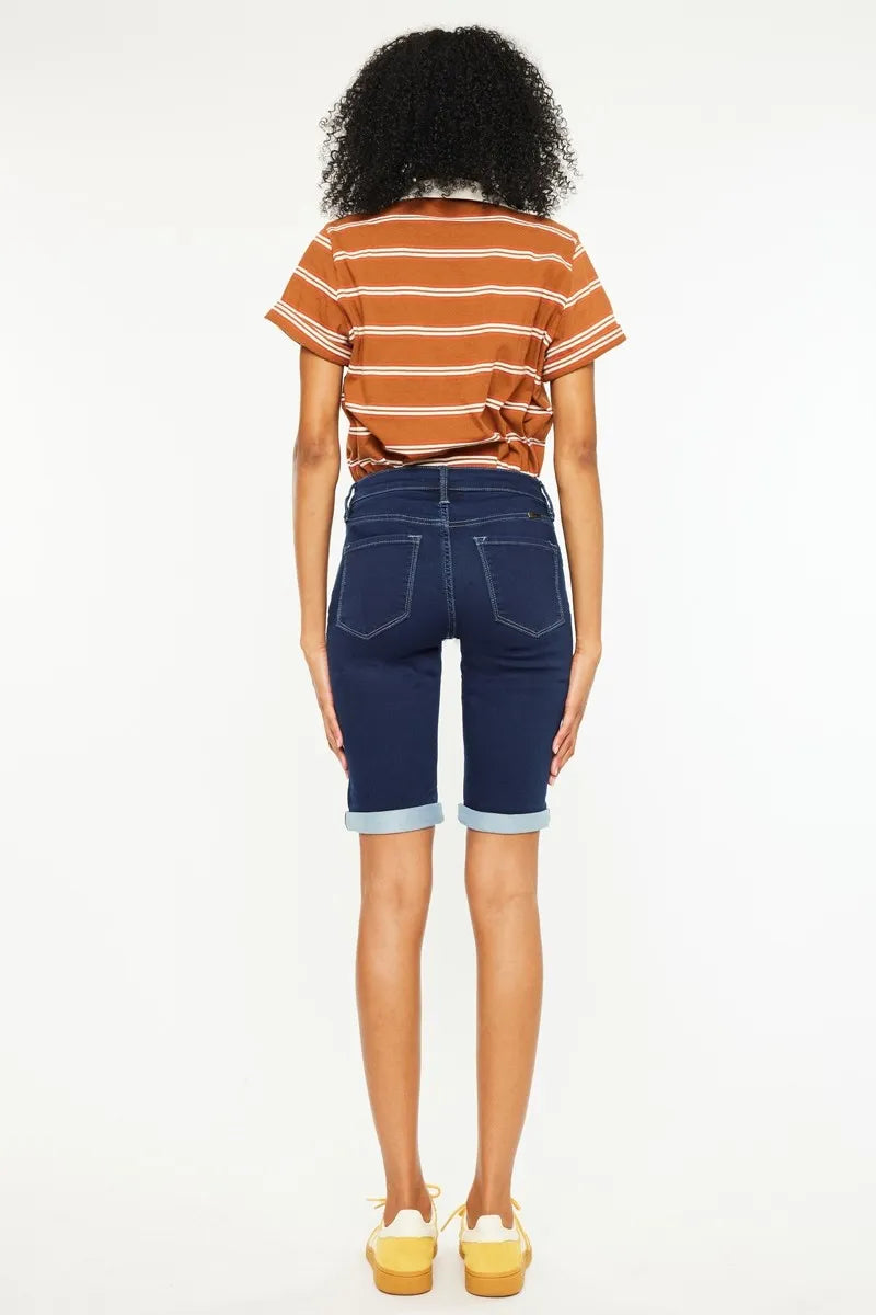 Mid Rise Bermuda Denim Shorts in Dark for Women