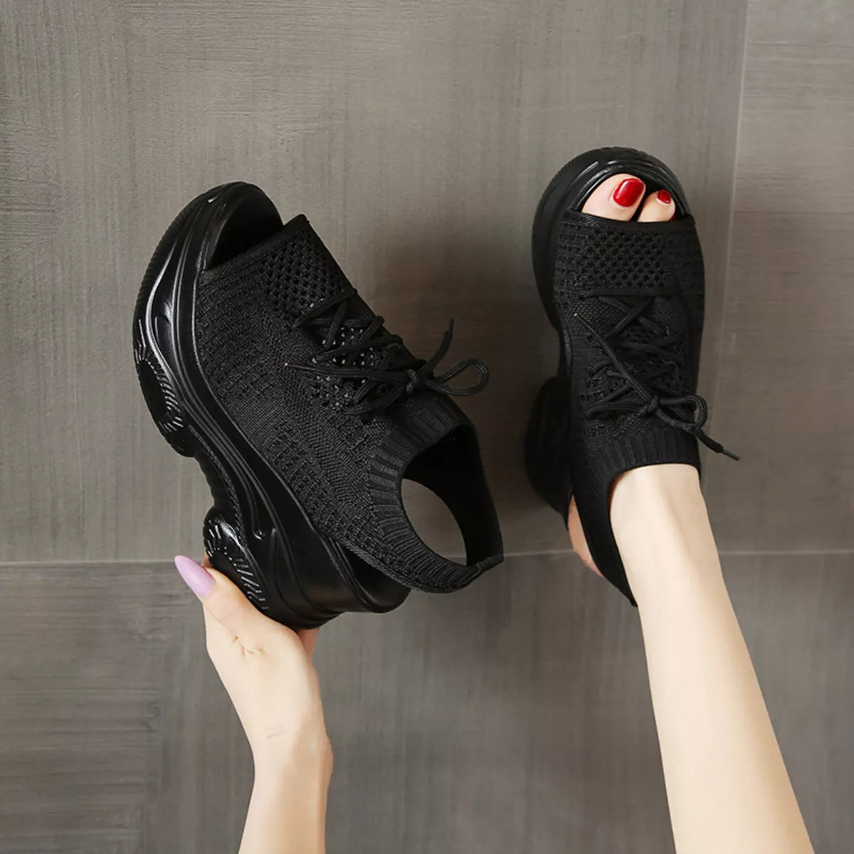 Lace Up Platform Sandals in Black for Women