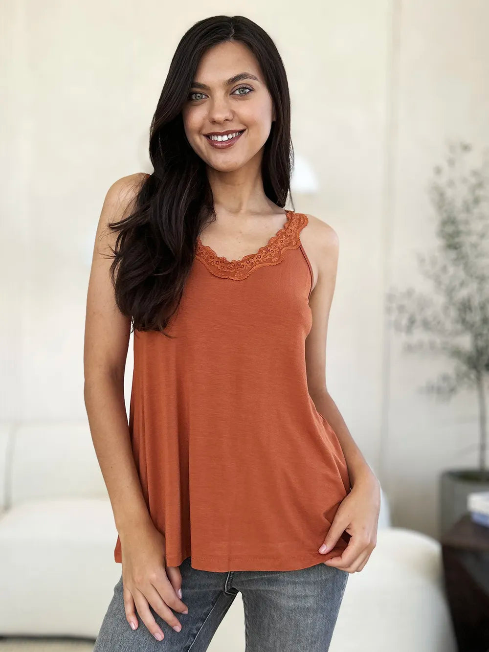 Plus Size Lace Detail V-Neck Cutout Cami in Pink for Women
