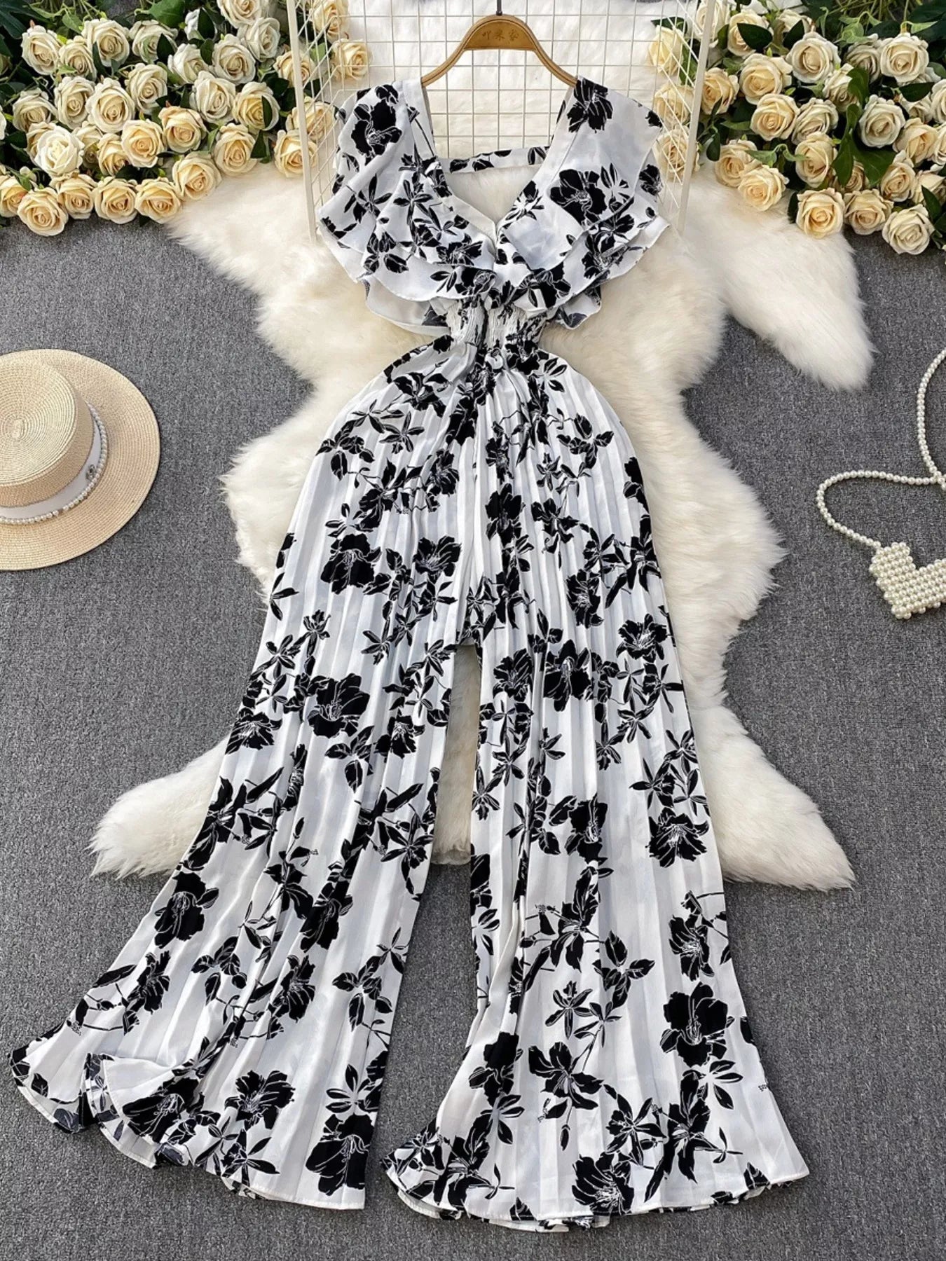 Black Floral Print Wide Leg Pleated Jumpsuit for Women