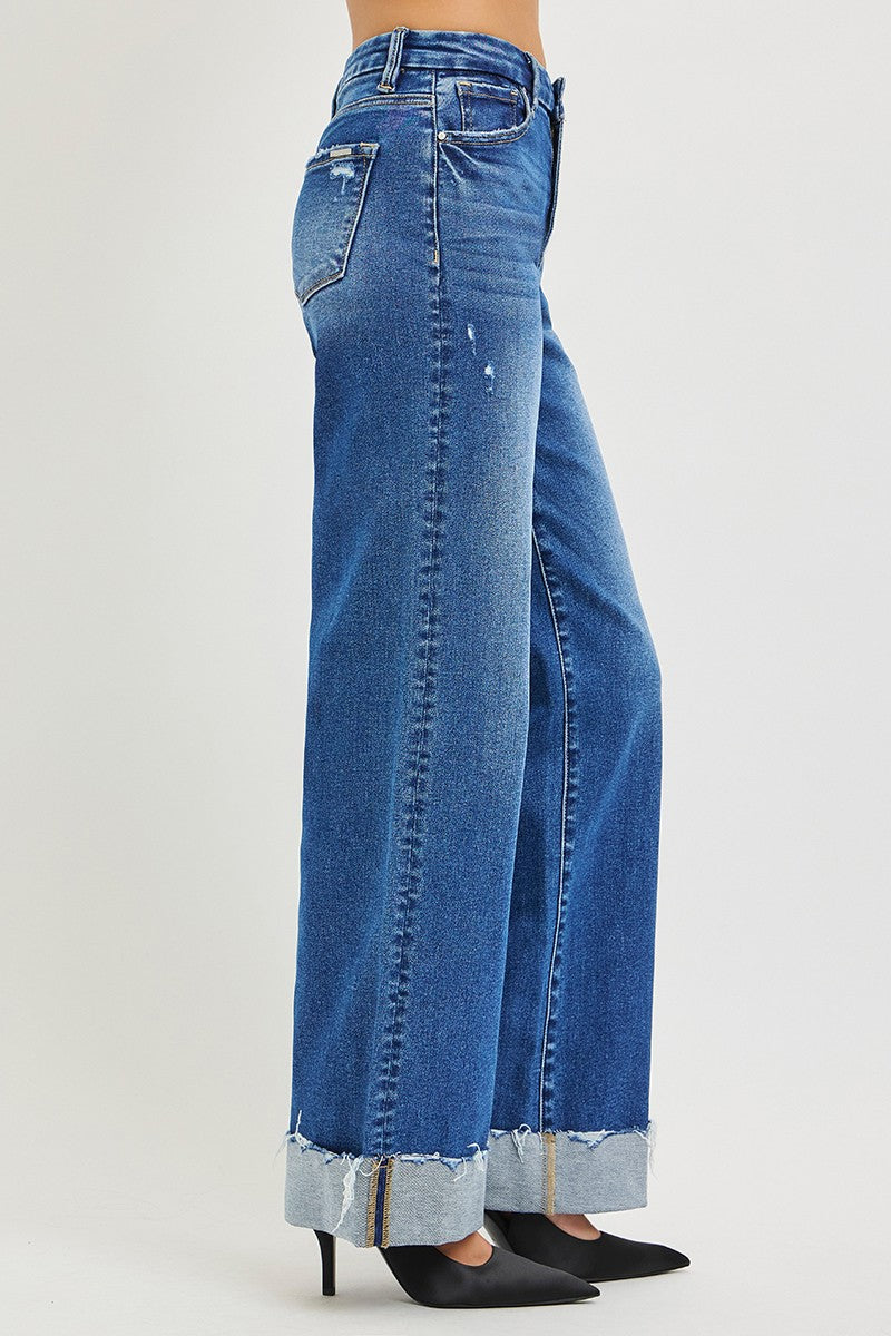 High Rise Wide Leg Jeans with Cuffed Hem in Medium for Women