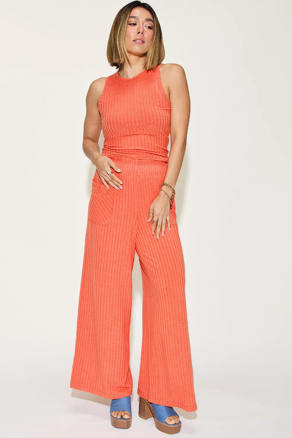 Plus Size Ribbed Tank and Wide Leg Pants Set in Gray for Women