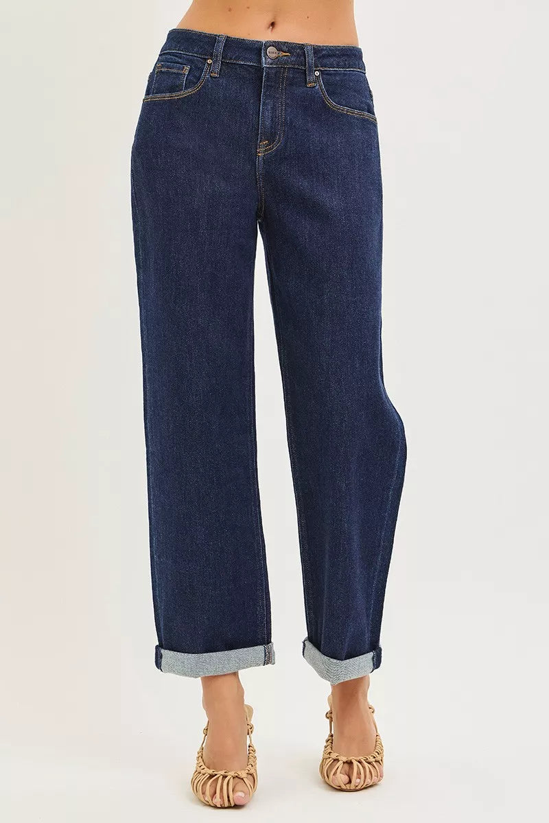 Slouchy Cropped Boyfriend Jeans with Cuffed Hem in Solid Dark for Women