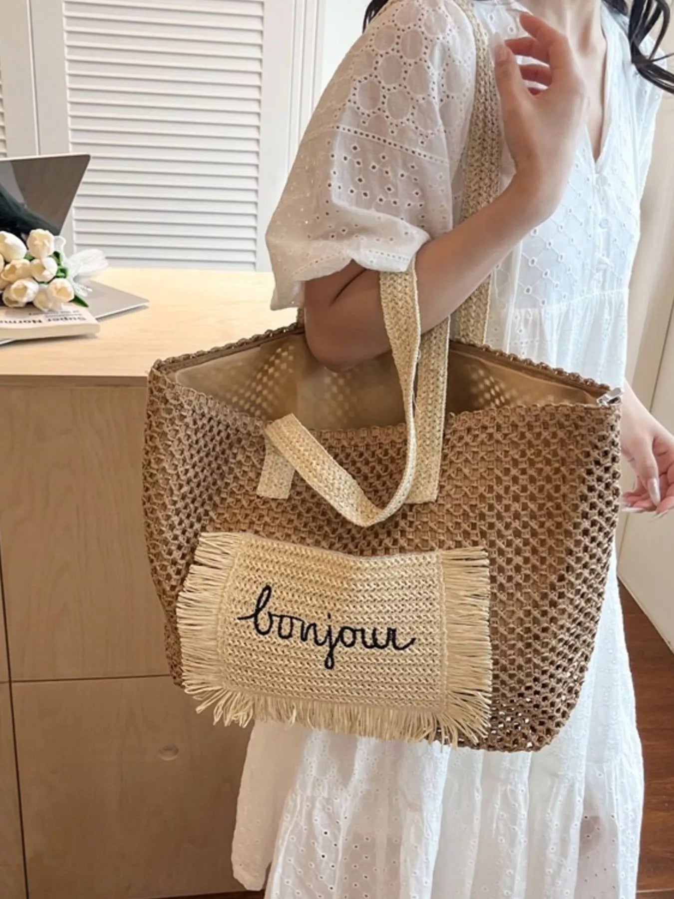 Fringe Straw Shoulder Bag for Women