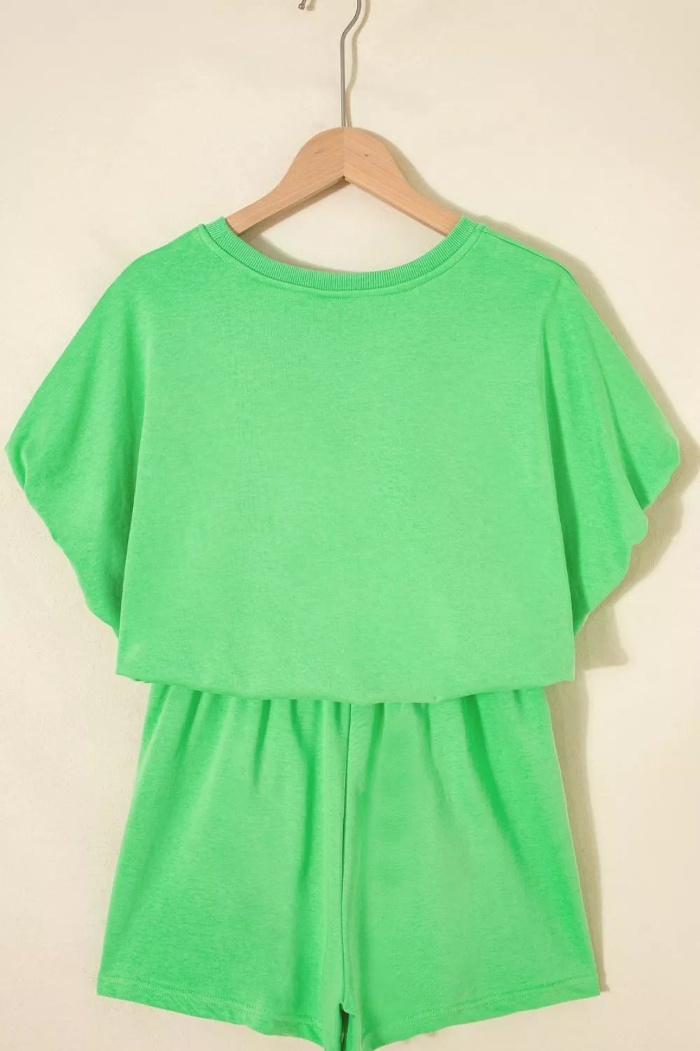 Solid Color Puffy Loose Top Drawstring Shorts Two-Piece Outfit for Women