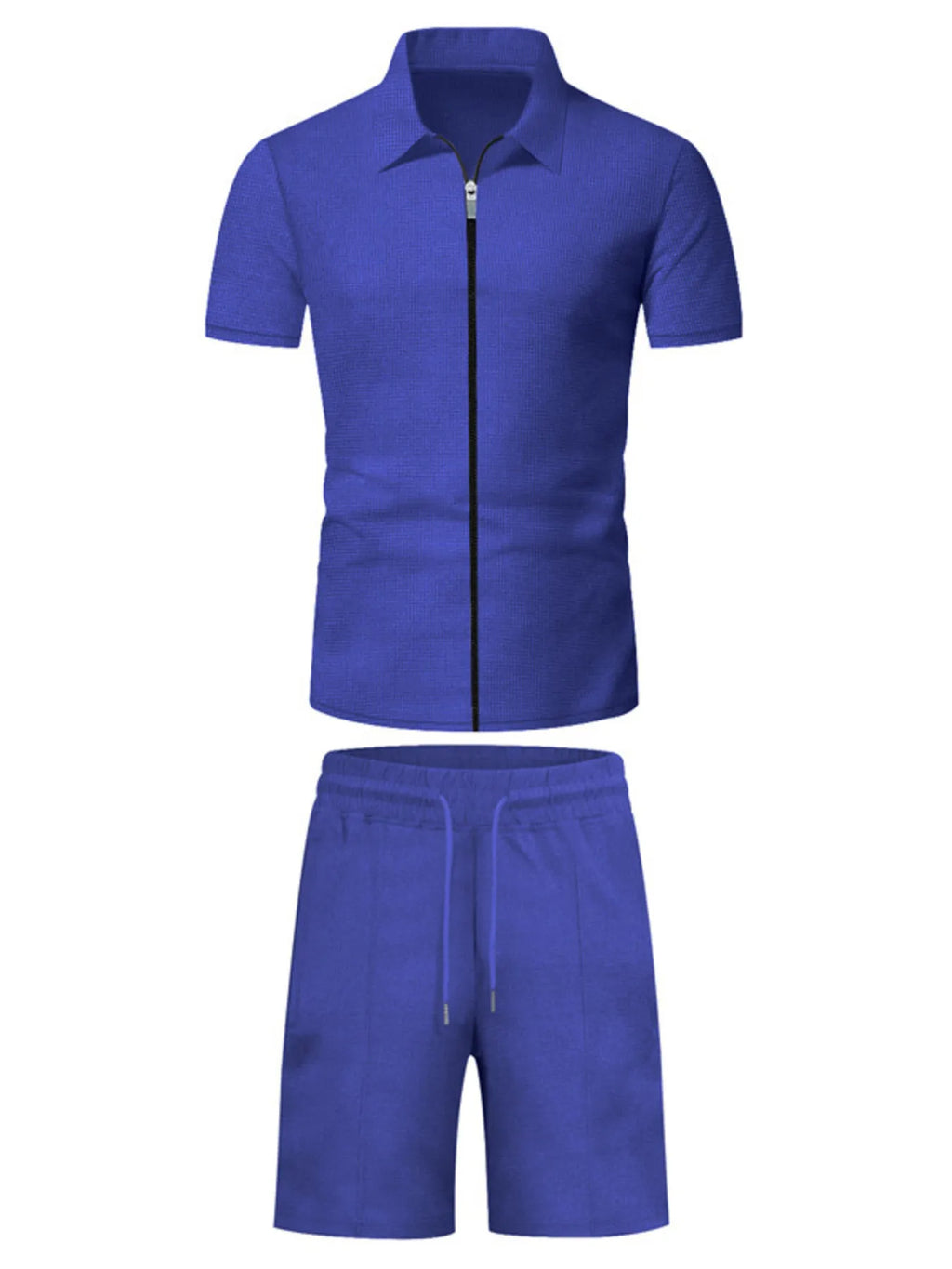 Plus Size Zip Up Short Sleeve Top and Shorts Set in Royal Blue for Men