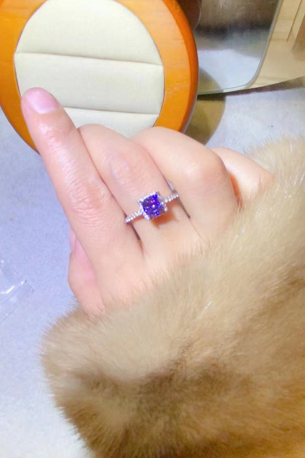 1 Carat Moissanite Platinum-Plated Square Ring in Purple for Women