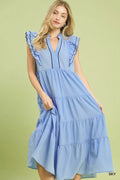 Seersucker Ruffle Sleeve Tiered Midi Dress in Sky for Women
