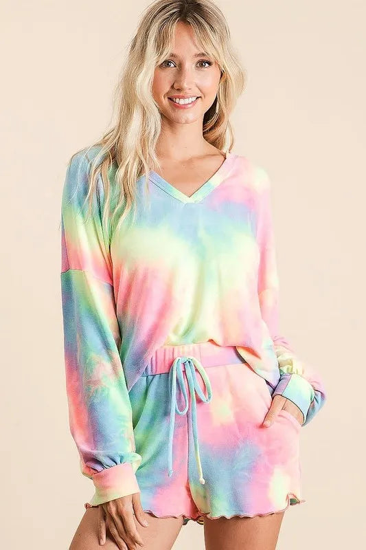 Tie Dye French Terry Top and Shorts Set in Pastel Tiedye for Women
