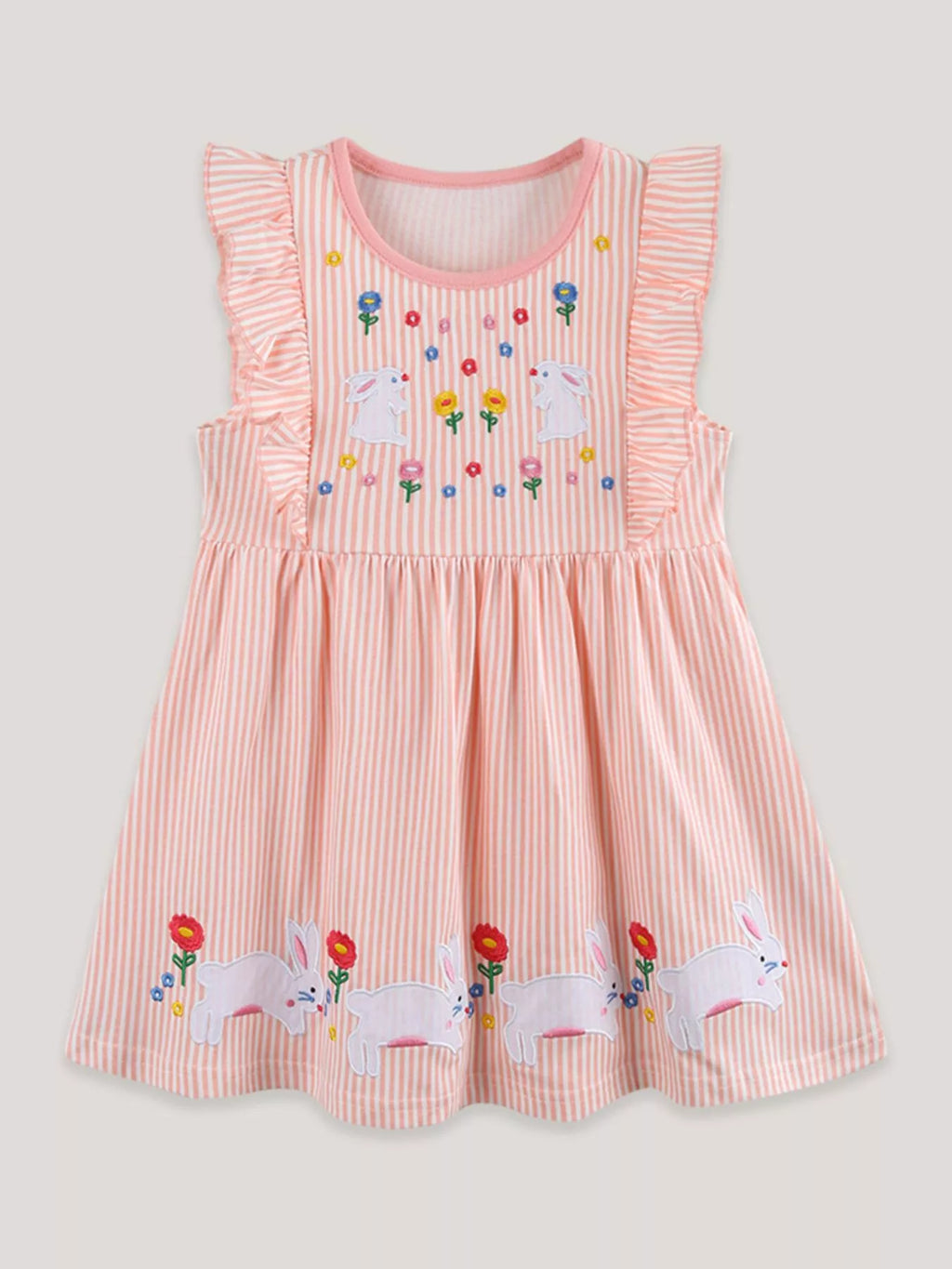 Embroidered Bunny Ruffle Sleeve Dress in Watermelon Pink for Girls