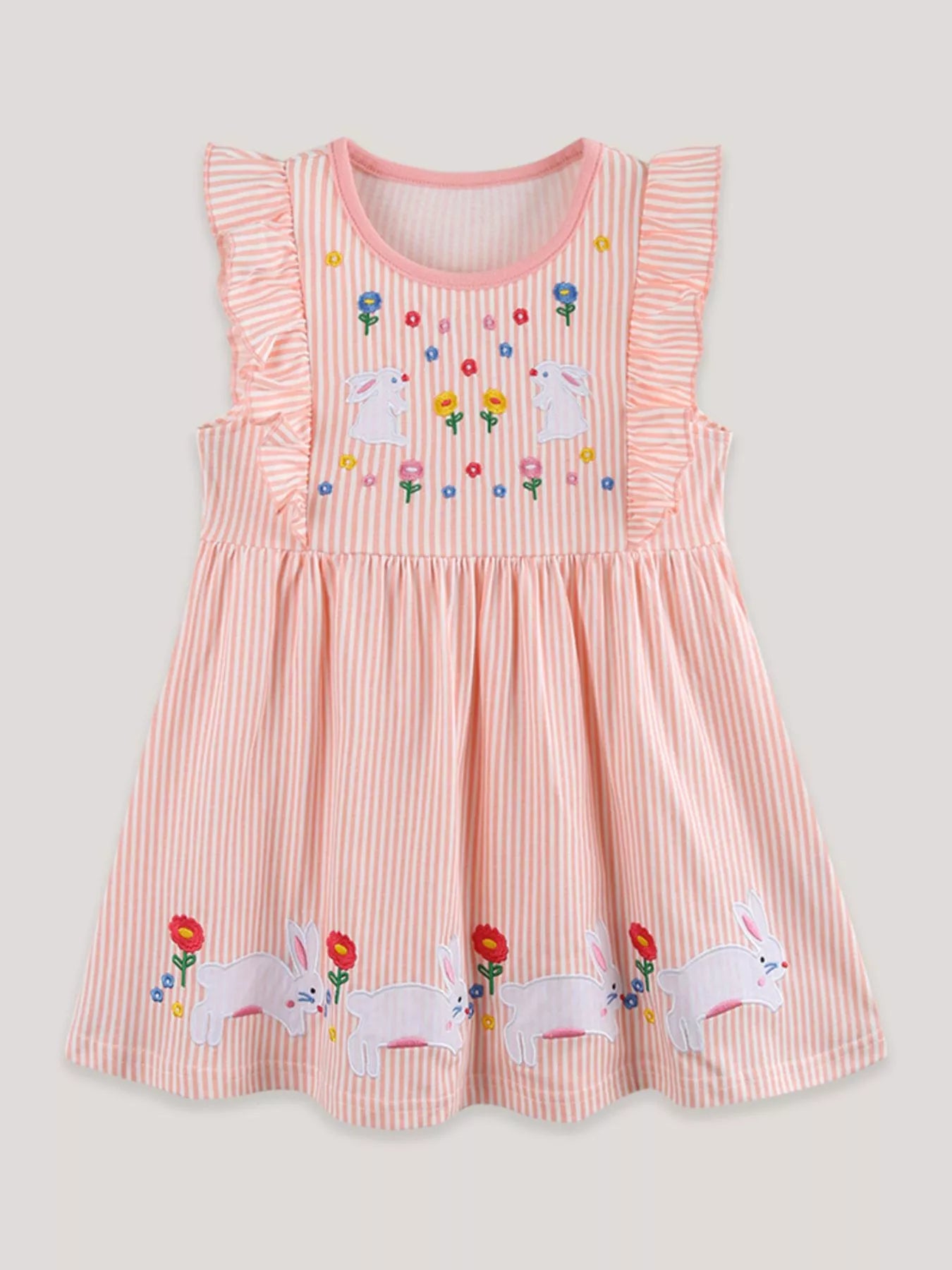 Embroidered Bunny Ruffle Sleeve Dress in Watermelon Pink for Girls