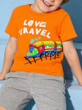Love Travel Train Graphic T-Shirt in Orange for Boys