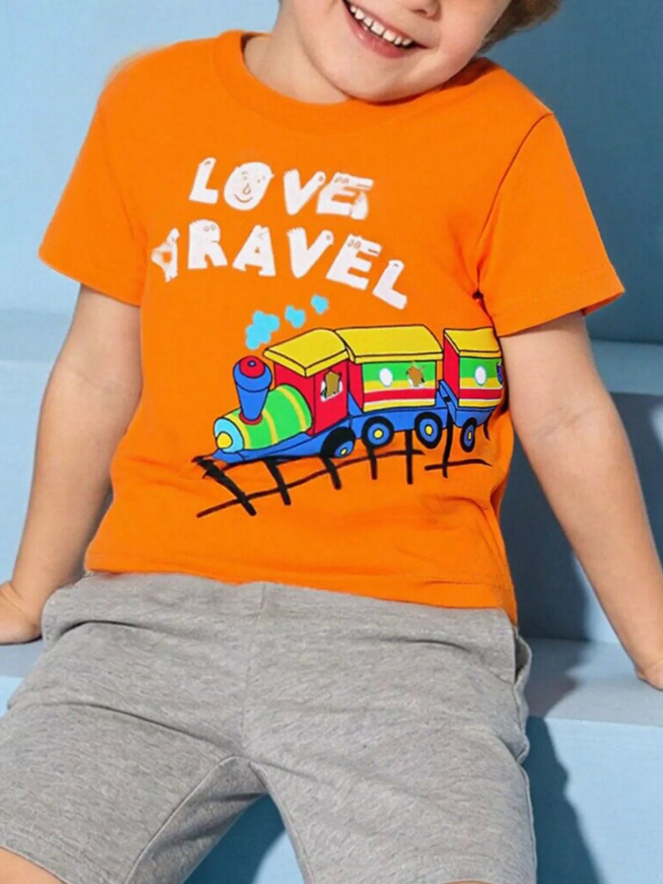 Love Travel Train Graphic T-Shirt in Orange for Boys