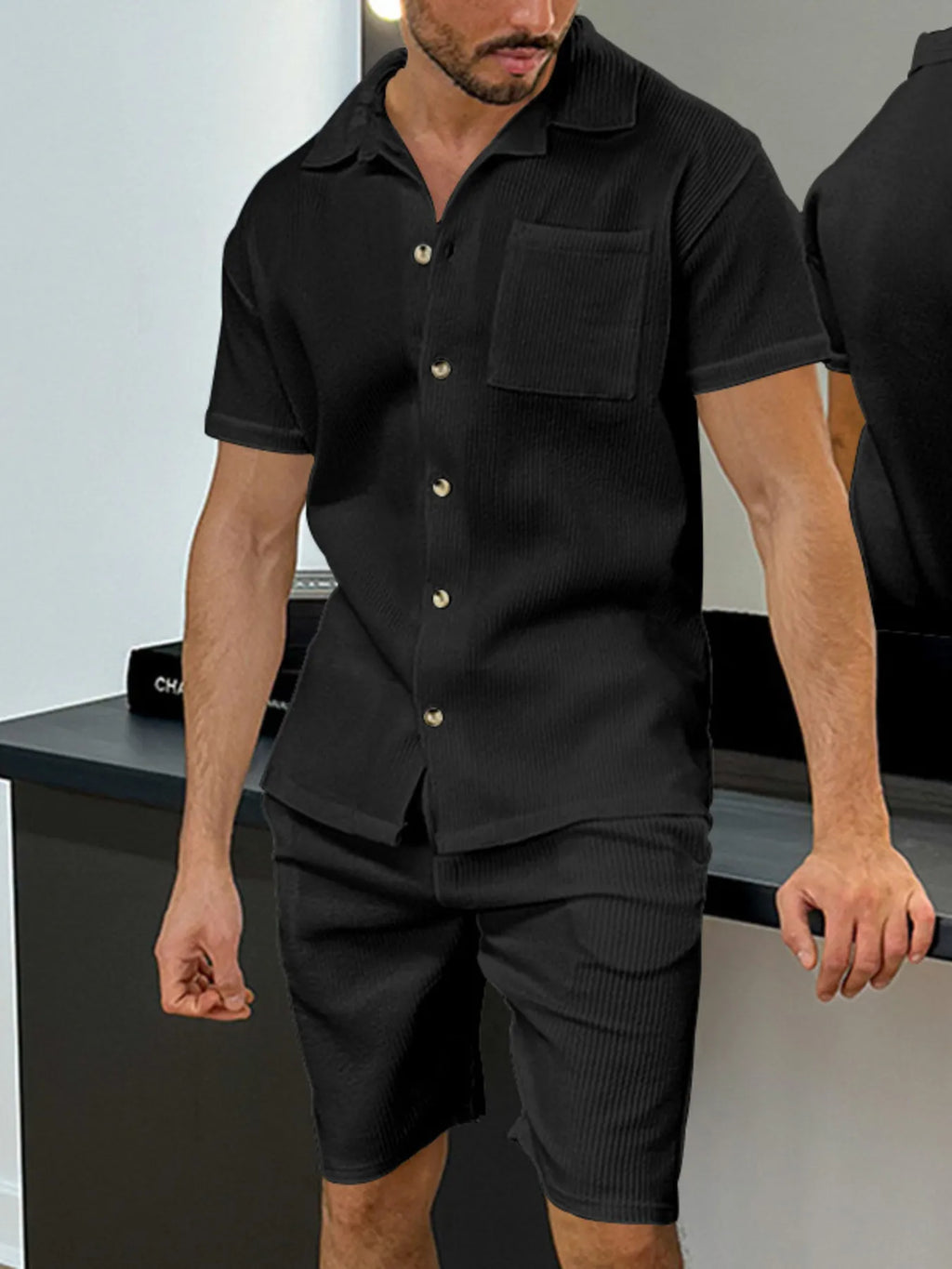 Button Up Top and Shorts Set Plus Size in White for Men