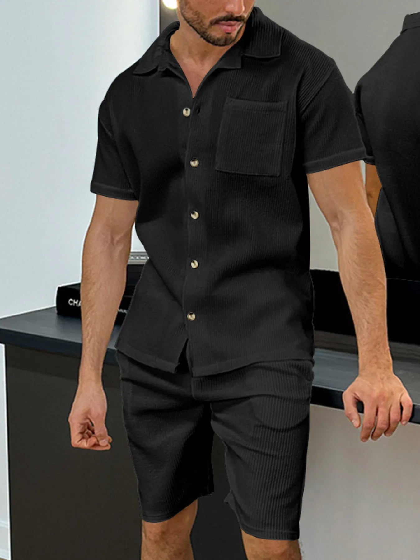 Button Up Top and Shorts Set Plus Size in White for Men