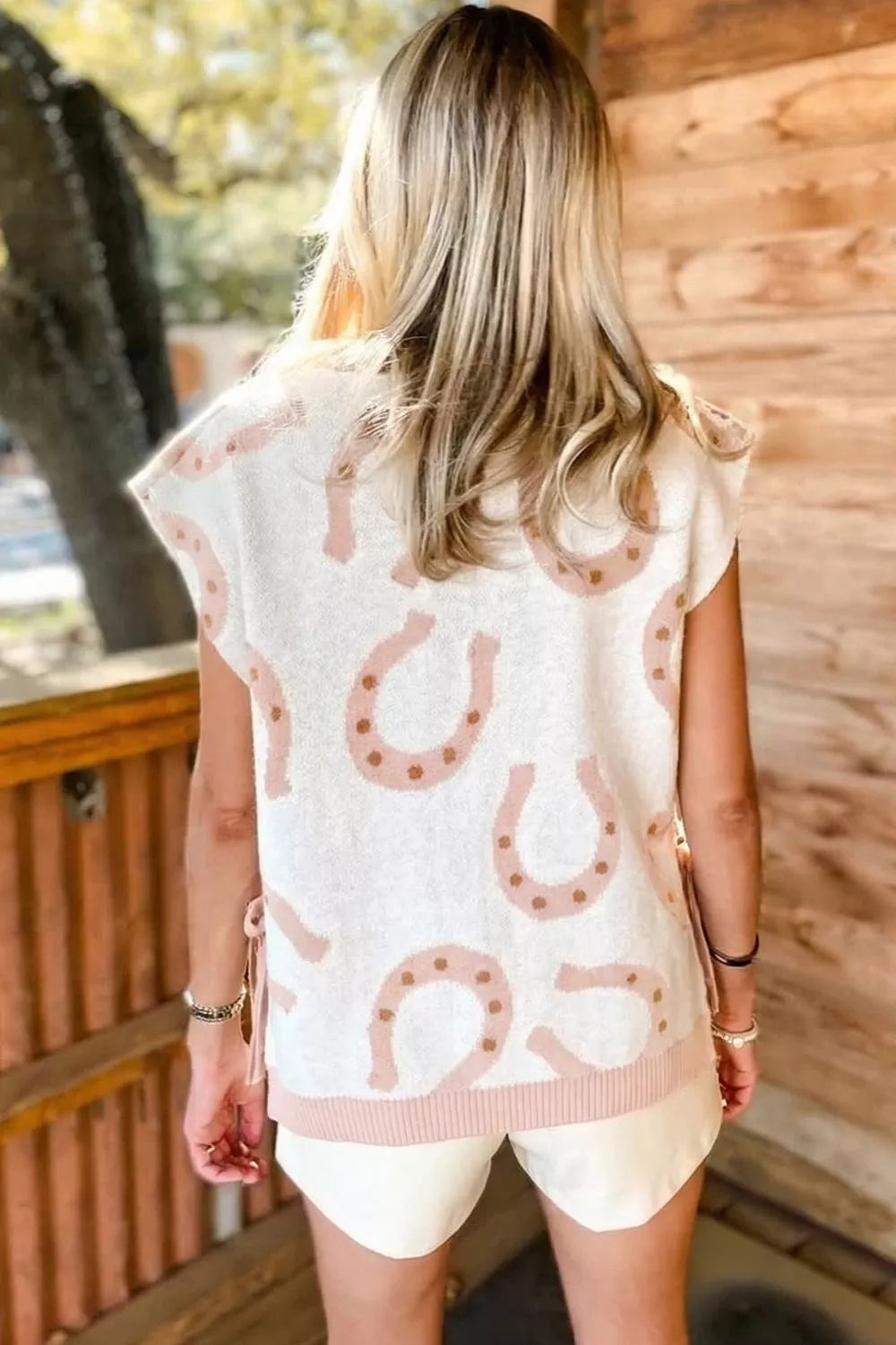 Horse Shoe Western Print Tied Side Cap Sleeve Knit Top in Dust Storm for Women
