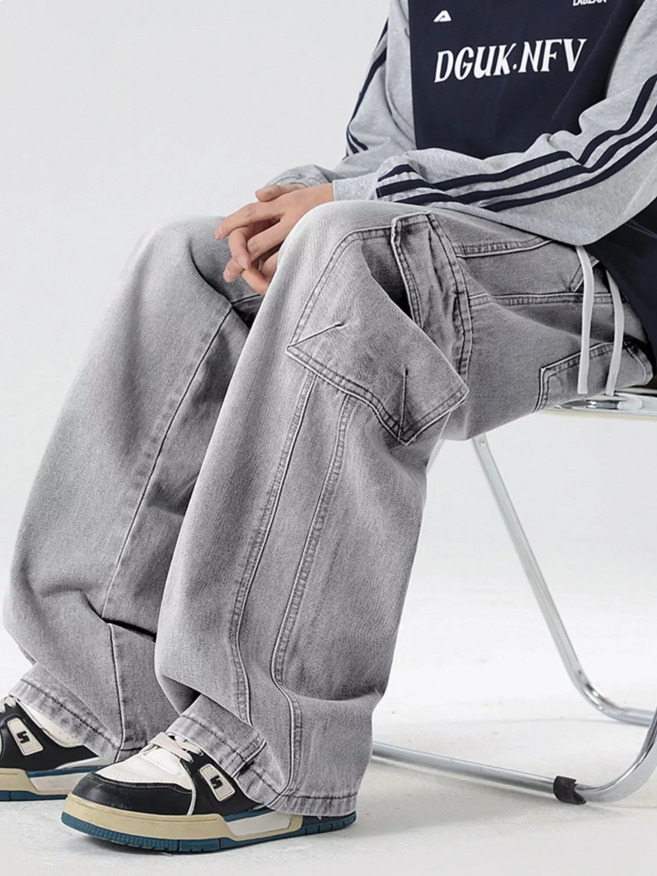 Wide Leg Cargo Jeans Plus Size in Light Blue for Men