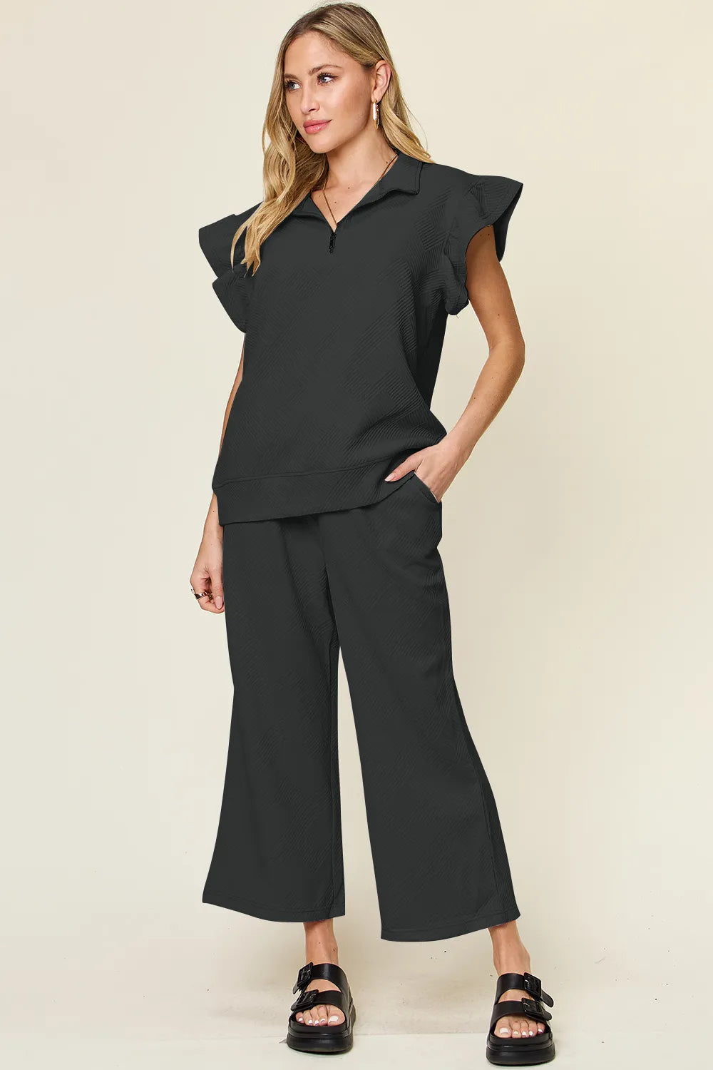Texture Ruffle Short Sleeve Top and Drawstring Wide Leg Pants Set in Royal Blue for Women