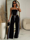 Sleeveless Tube Top and Wide Leg Pants Set in Black for Women