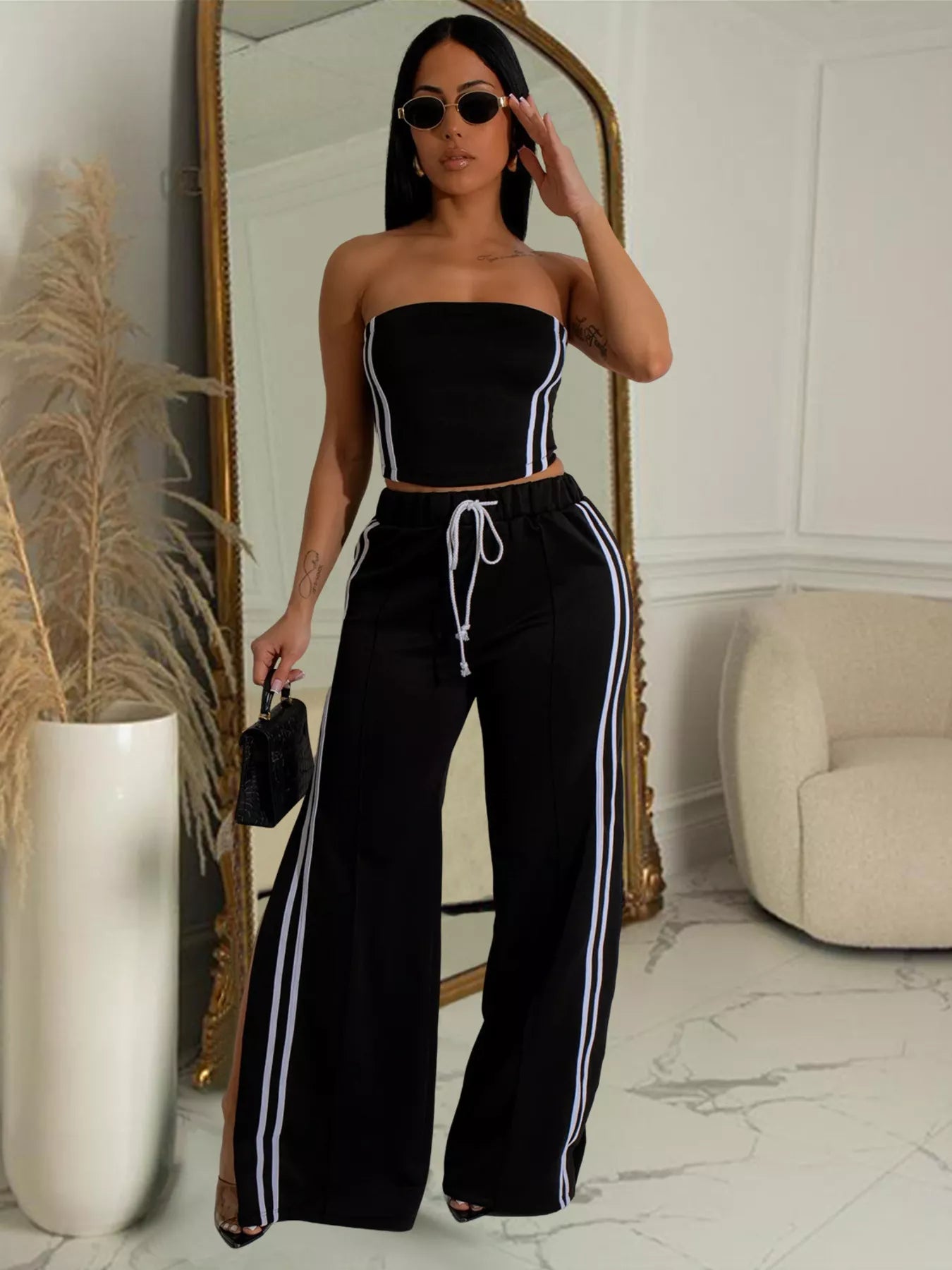 Sleeveless Tube Top and Wide Leg Pants Set in Black for Women