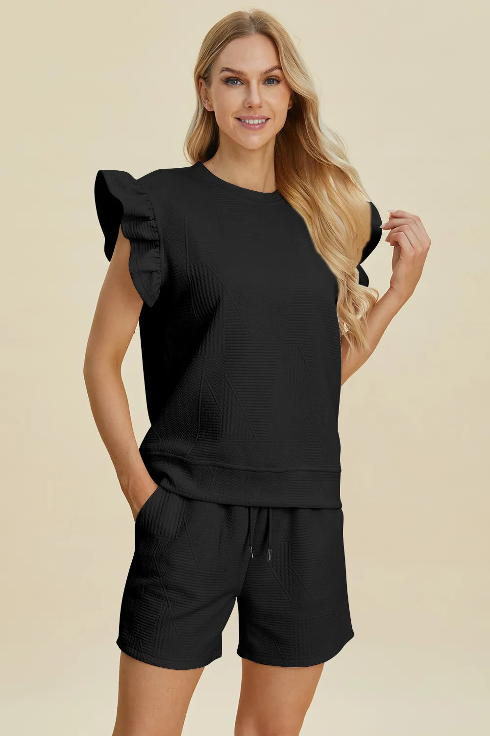 Plus Size Texture Round Neck Ruffle Sleeve Top and Shorts Set in Khaki for Women