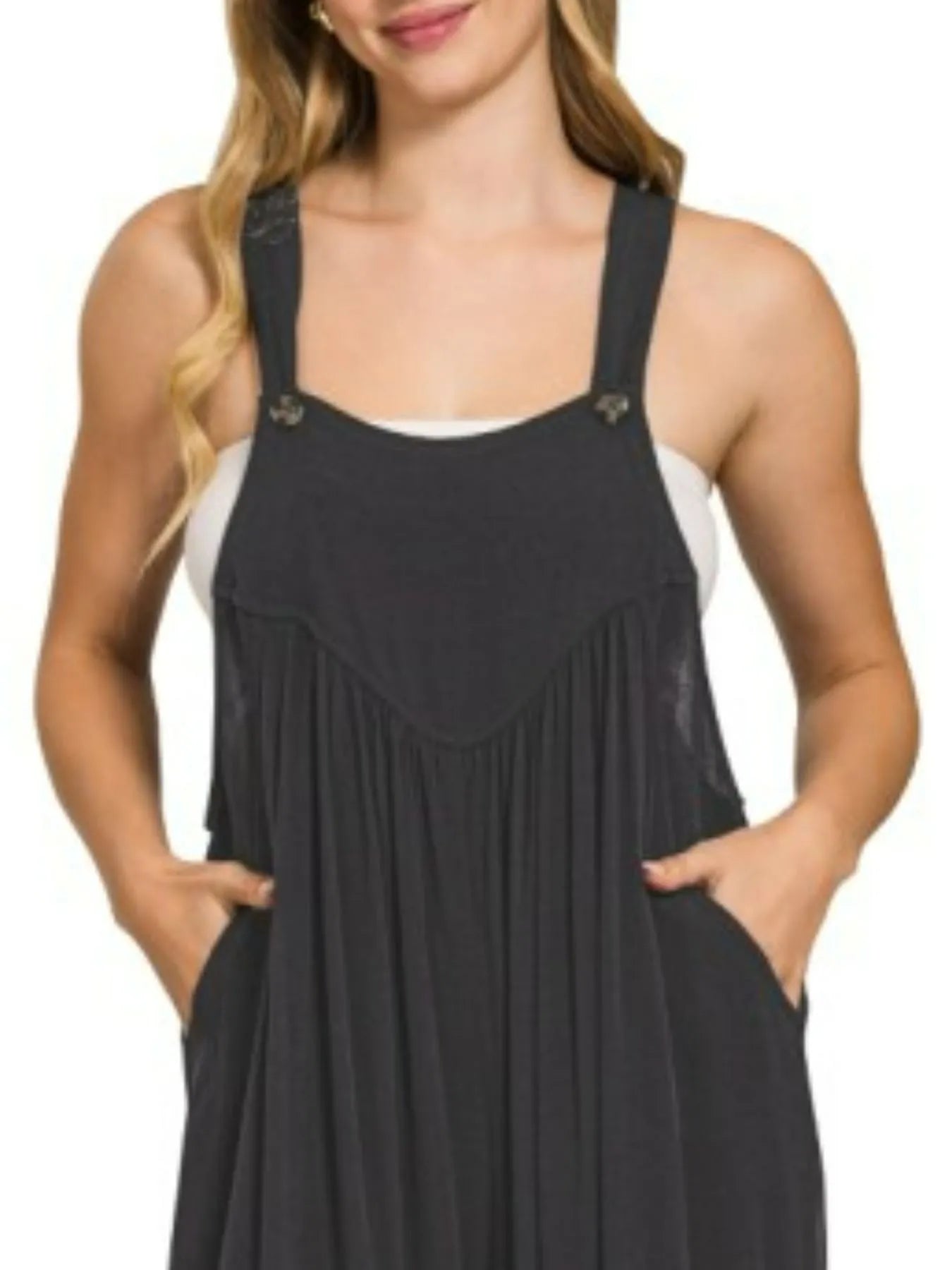Woven Rayon Crepe Wide Leg Overalls in Black for Women